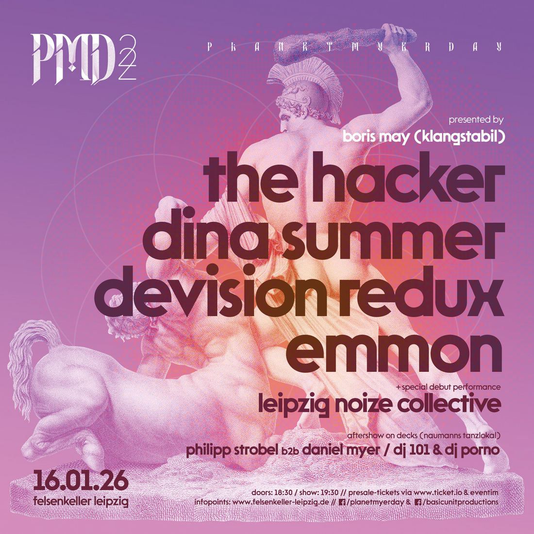 Ankündigung PLANET MYER DAY 2026 mit DINA SUMMER ++ THE HACKER ++ DEVISION REDUX ++ EMMON ++ LEIPZIG NOIZE COLLECTIVE